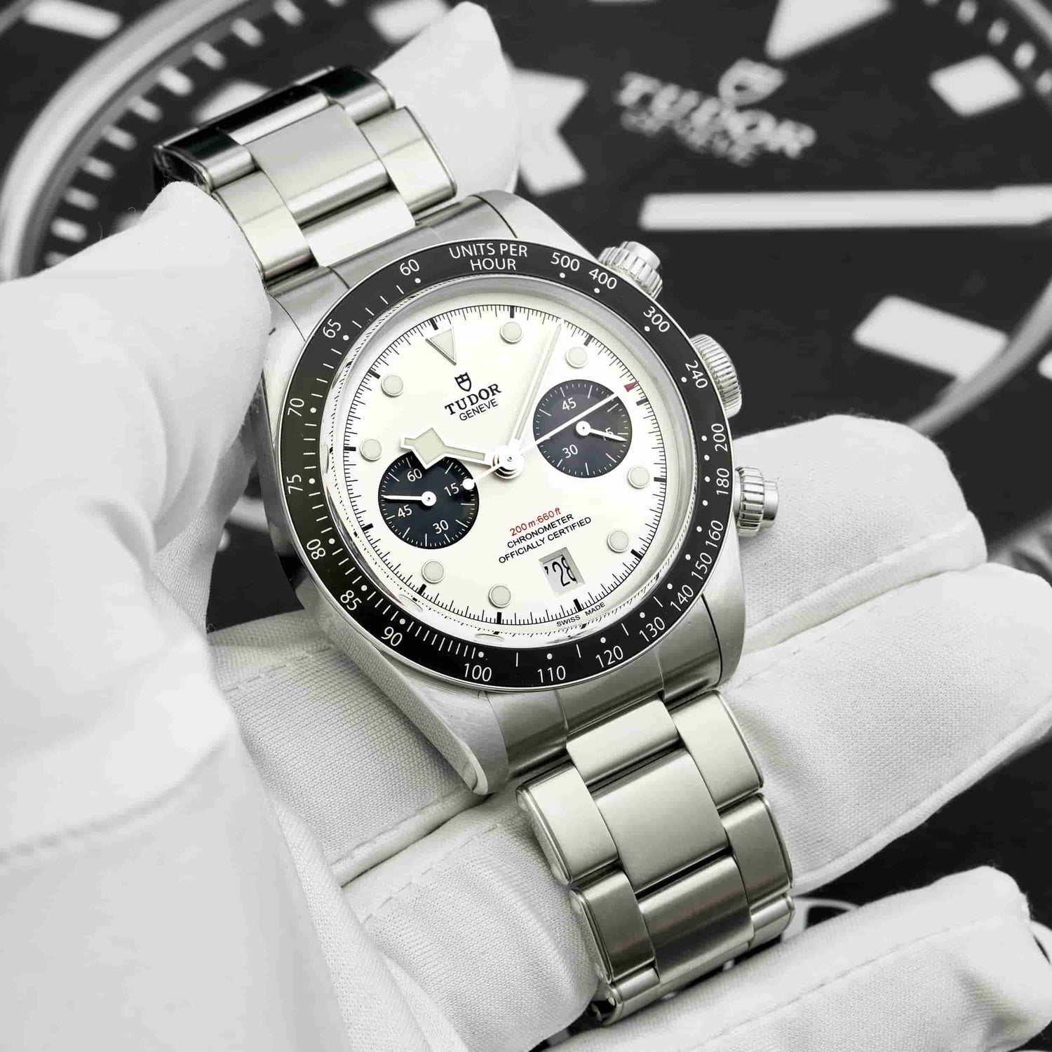 A TUDOR Watch With White Face and Black Dial Being Held By a White Glove